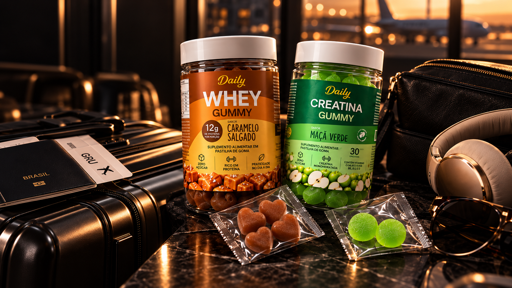 Potes de Daily Whey Gummy e Daily Creatina Gummy ao lado de sachês, passport e bagagem no aeroporto