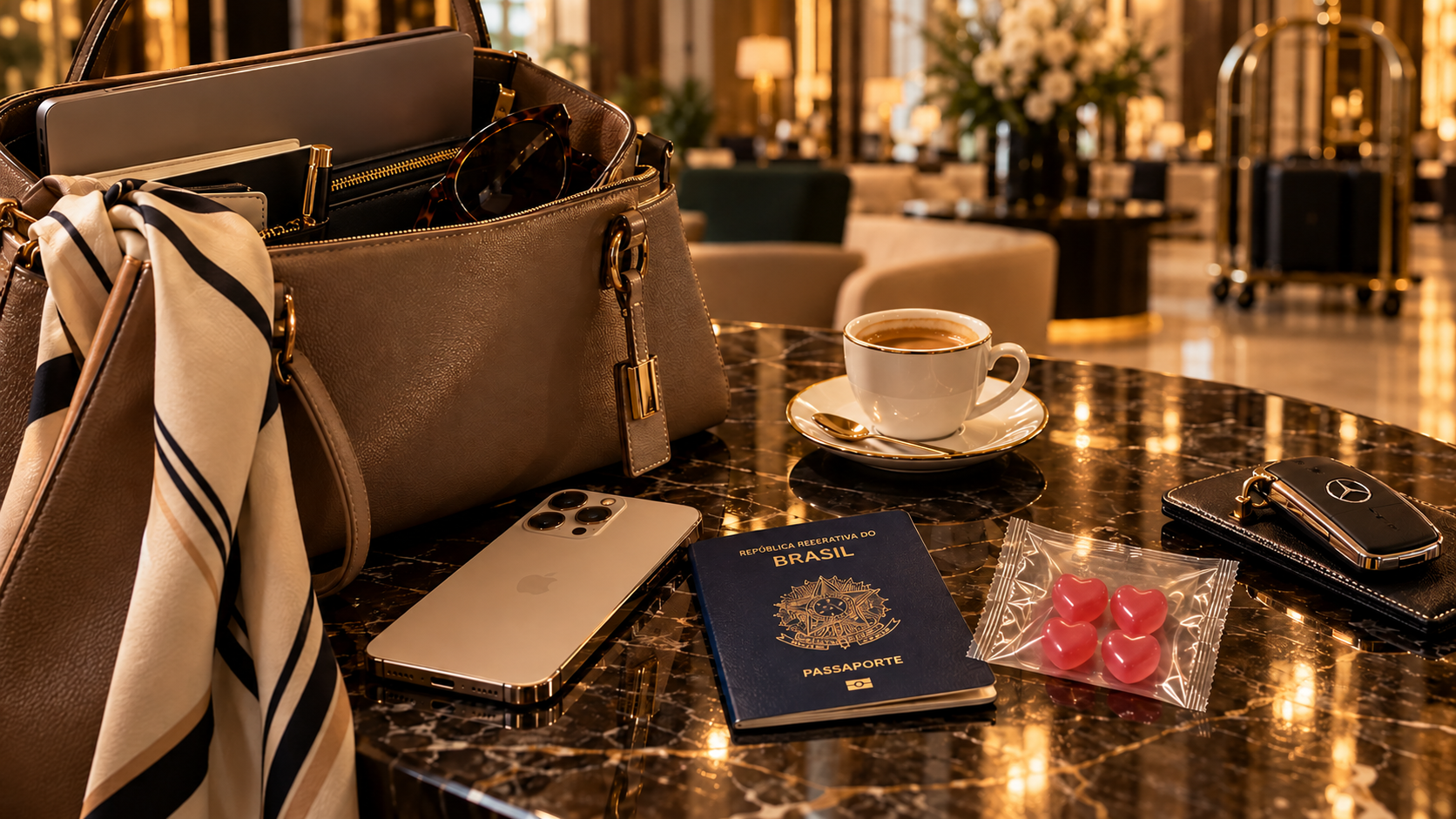 Bolsa de couro, passport, café e um sachê GO!DAILY de gummies em mesa de mármore
