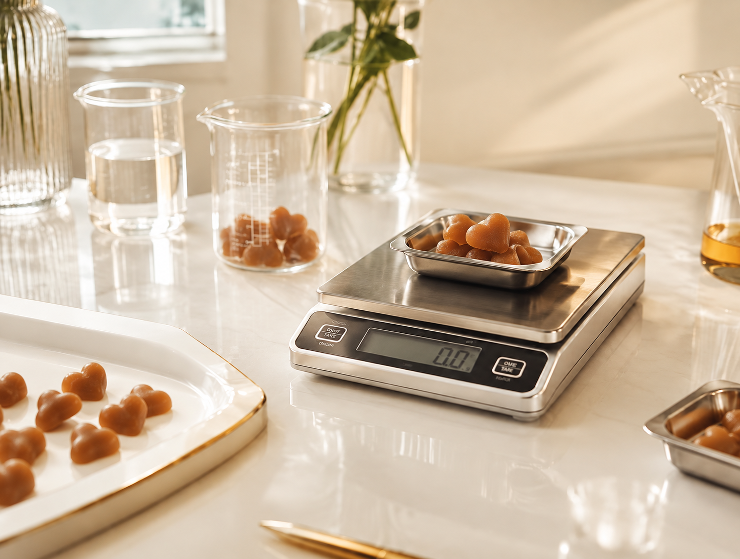Balança de inox pesando gummies de caramelo em formato de coração, com vidrarias sobre bancada clara
