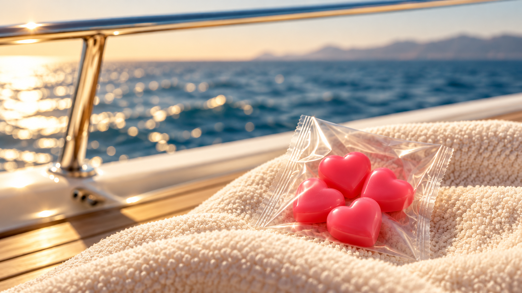 Sachê GO!DAILY de gummies rosas sobre toalha no deck de um barco ao pôr do sol