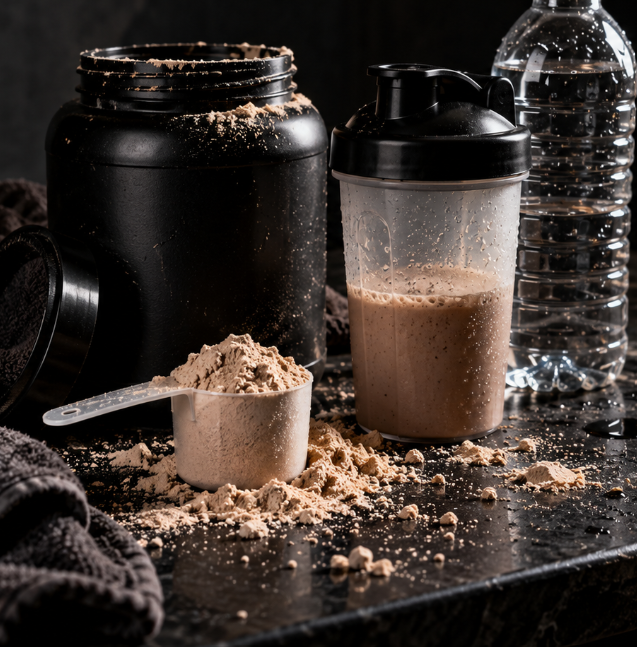 Pote de proteína aberto, scoop, shaker e garrafa de água
